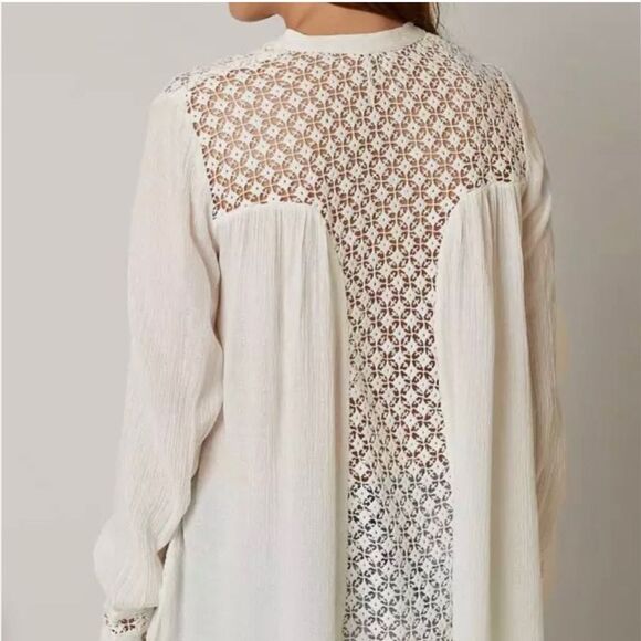 Free People Tops - Free People “The Best Shirt” Gauzy Beige Blouse with‎ Crochet Inset – Size S